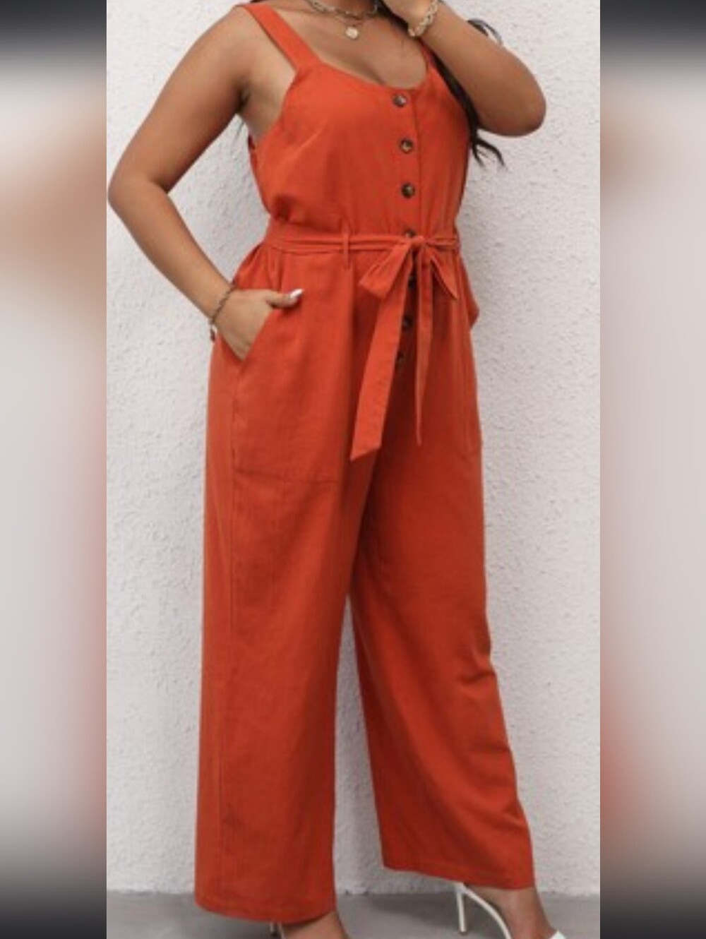 SHEIN Curve Orange Wide Leg Jumpsuit Size 3XL Button Front Tie Waist Pockets